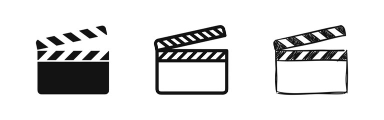 Movie clapperboard icons set in three styles solid outline and hand drawn sketch for cinema and film production © drawing lines