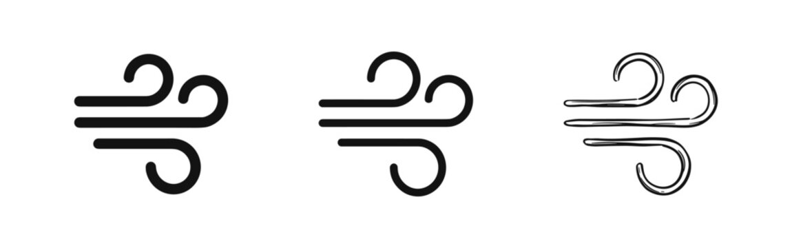 Wind and Air Current Icon Set in Different Styles: Solid, Outline, and Hand-Drawn Doodle