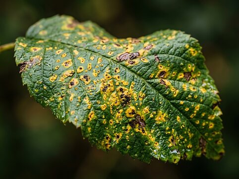 Macro shot of a plant leaf infected with rust fungus showing yellow spots