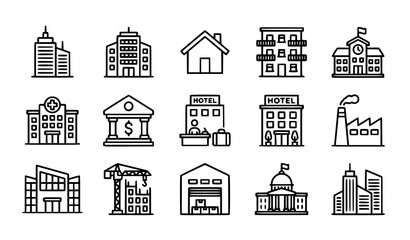 Fototapeta premium Building outline icon set with architecture and city construction symbols vector design