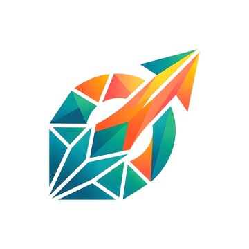 Polygonal compass and rocket arrow logo formed from teal, green and orange triangles, combining navigation and launch symbolism to convey direction, innovation and breakthrough growth for startups, an