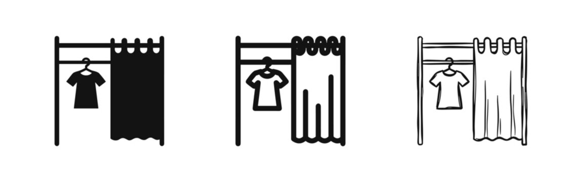 Fitting Room Icon Set with T-Shirt on Hanger and Curtain for Clothing Store