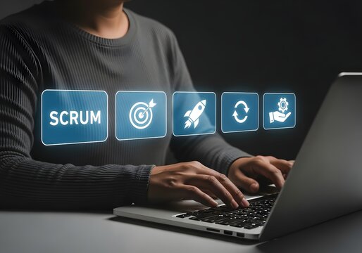 Software engineer working on a laptop with scrum agile project management methodology icons