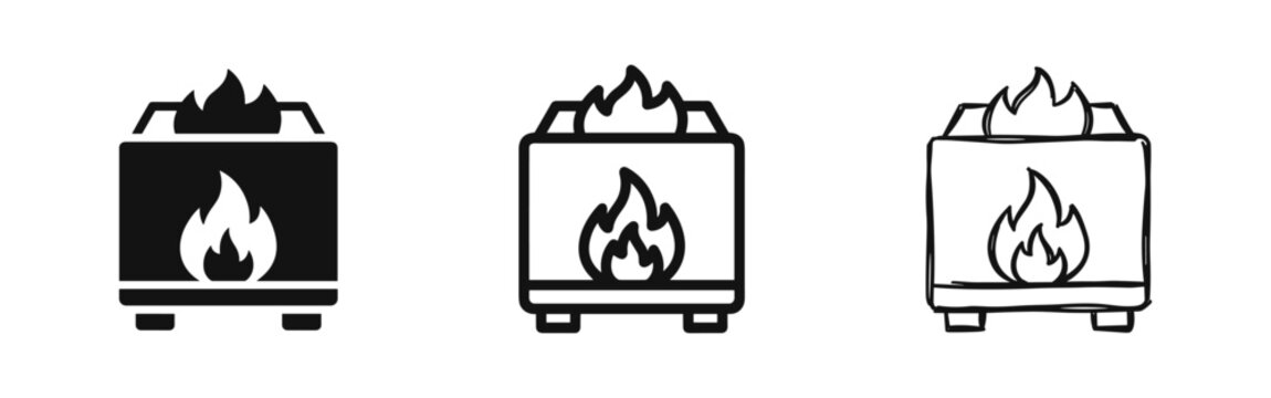 Modern Fireplace and Burning Stove Icon Set with Solid Outline and Sketch Variations