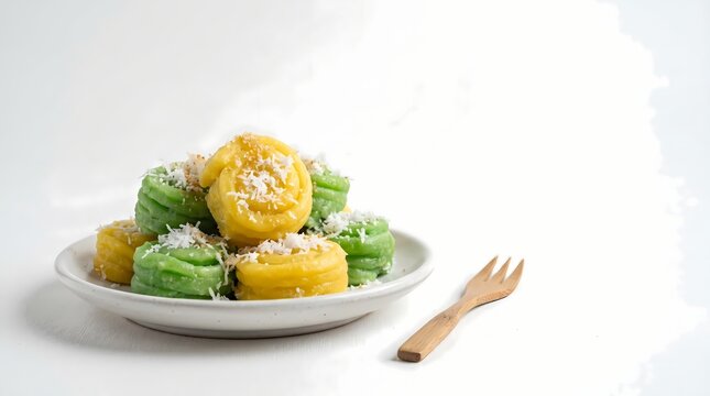 A delightful arrangement of colorful traditional Indonesian steamed cakes, known as Kue Putu Piring, adorned with freshly grated coconut, presented invitingly on a white ceramic plate alongside