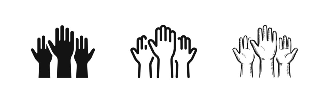 Raised hands icon set in solid, outline, and hand-drawn styles representing community and volunteering