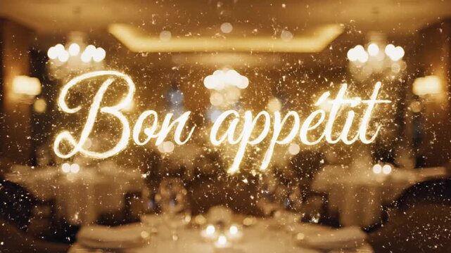 Elegant dining table set for a festive meal with 'Bon app&eacute;tit' text overlay and falling snow effect.