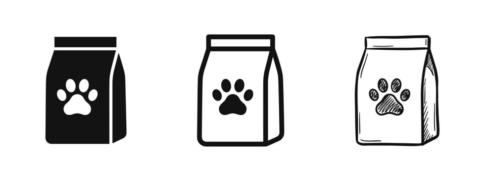 Pet food bag icon set. Dog or cat food package in solid, outline, and hand-drawn doodle style for animals.
