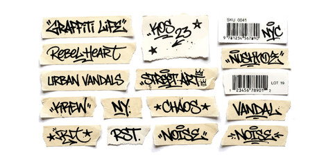 Set of hand drawn graffiti tags and urban street art stickers with text elements © md