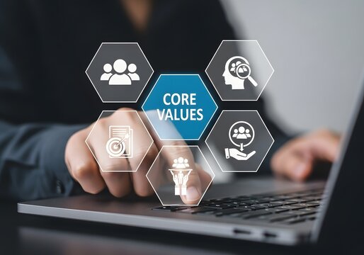 Business person selecting core values from a digital hexagon menu on a laptop interface