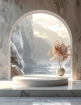 Serene landscape with arched view.