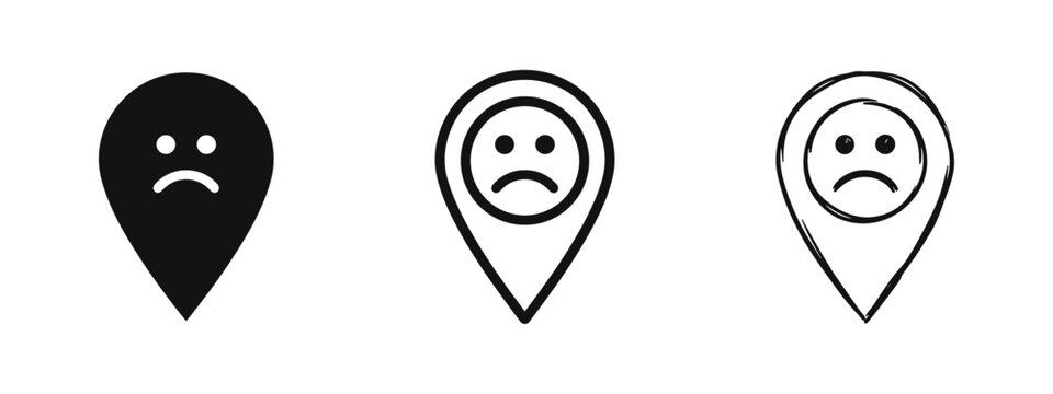 Sad Face Location Pin Icon Set - Negative Place or Lost Navigation Symbol
