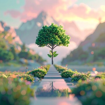 Serene landscape with tree and pathway.