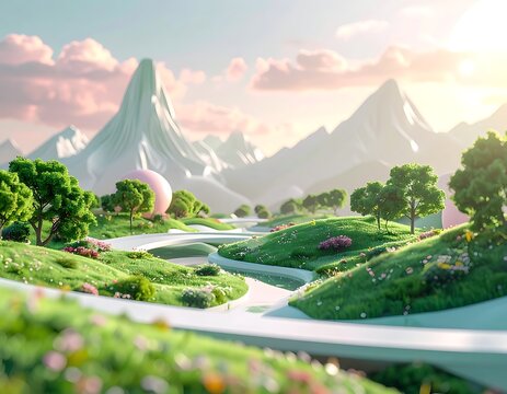 Serene landscape with winding road mountains.