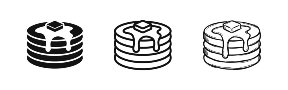 Delicious Pancake Stack Icon Set with Syrup and Butter Topping