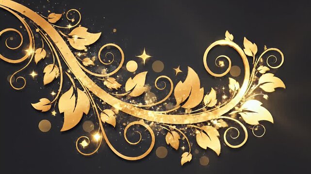 Ornate gold flourish with swirling vines, leaves, and glowing lights on black