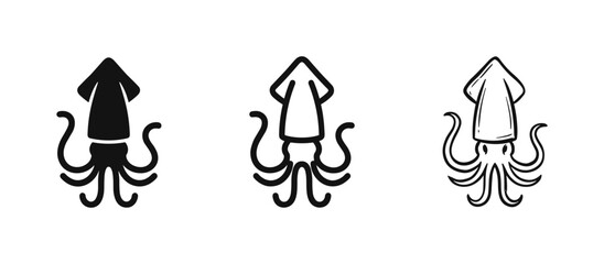 Fototapeta premium Squid Icon Set with Solid, Outline, and Hand-Drawn Styles