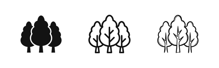 Forest Tree Icon Set: Solid, Outline, and Hand-Drawn Styles © drawing lines