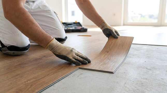 Worker hands installing laminate vinyl flooring on concrete floor