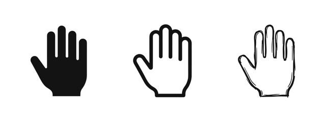 Fototapeta premium Open Palm Hand Icon Set in Solid, Outline, and Hand-Drawn Styles for Stop Gesture or Greeting