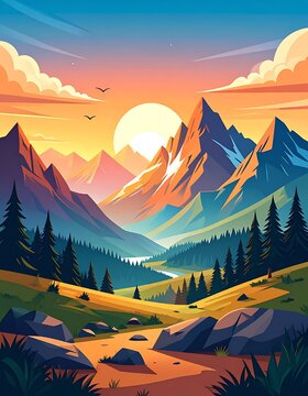 Serene mountain landscape with sunset.
