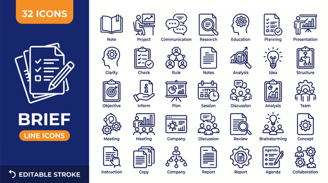 Brief icon set. Containing briefing, agenda, instruction, inform, planning, collaboration, team, note, insight, meeting, and more. Editable stroke. Vector illustration