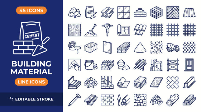 Building Materials icon set. Editable stroke. Vector illustration