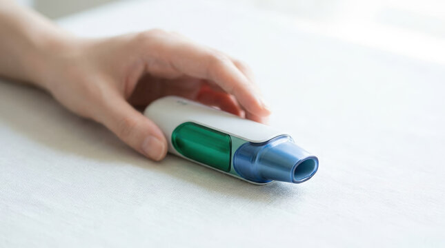 Close up of a hand next to a modern sleek medical inhaler on a light fabric surface. White and blue respiratory device for asthma and allergy relief