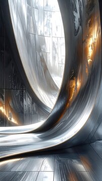Shiny metallic tunnel with glowing lights.