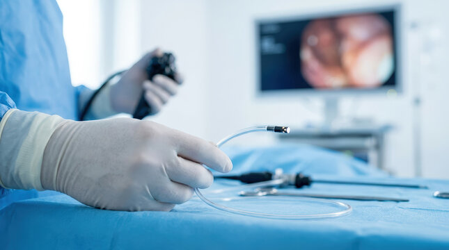 Endoscope camera insertion during a medical procedure. Close up of doctor hands in sterile gloves holding endoscopy tube with lighted tip