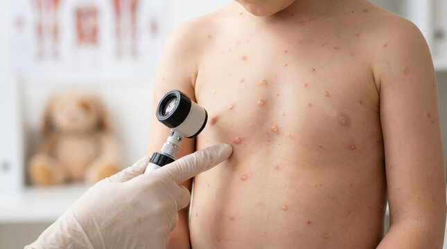 Doctor examining chickenpox blisters on a child torso with a dermatoscope. Pediatrician diagnosing varicella rash in clinic