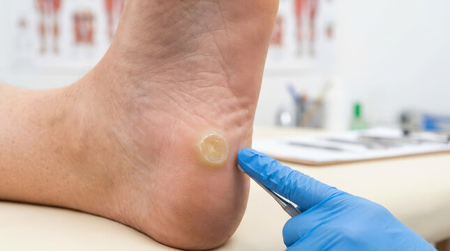 Close up of a callus on the bottom of a human heel. Podiatrist in blue gloves examining dry hardened skin with a medical tool. Podiatry treatment concept
