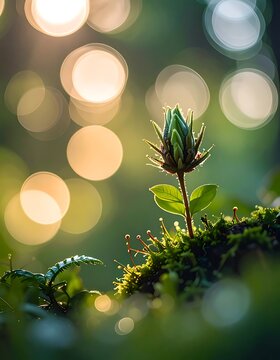 Small green plant growing in forest.
