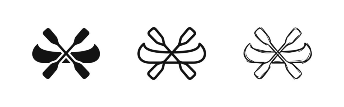 Collection of canoe and crossed paddles icons in various styles for outdoor and sports design.