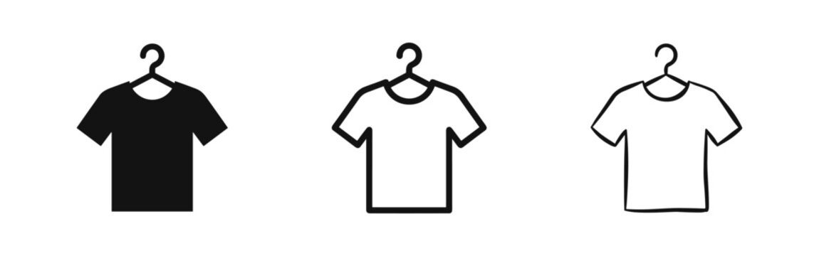 Set of t-shirt icons on a hanger featuring silhouette outline and hand-drawn sketch versions.