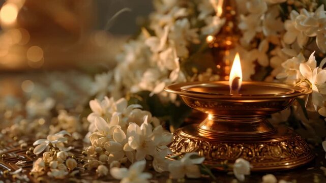 Burning brass oil lamp surrounded by fresh white jasmine flowers in warm light.