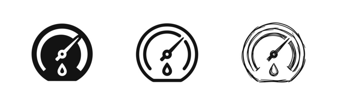 Humidity gauge hygrometer icon set in solid, outline and hand-drawn sketch styles