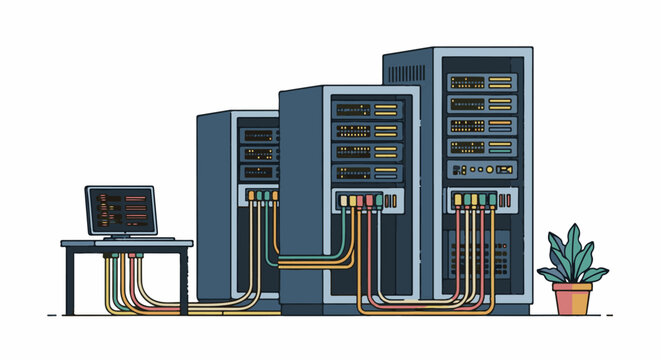 A computer setup with a monitor on a desk and three server towers with colorful cables