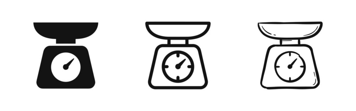 Kitchen scale icon set with solid, outline, and hand-drawn doodle styles for weighing food and ingredients.