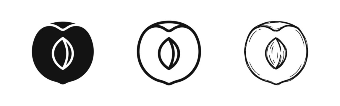 Peach slice icon set showing half fruit with pit in solid, outline, and hand-drawn sketch styles.