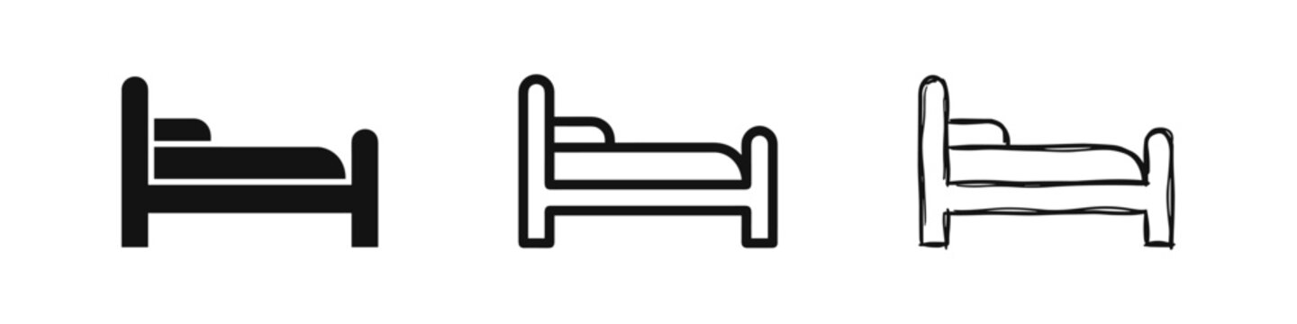 Bed icon set with pillow and blanket in solid, outline, and hand-drawn sketchy styles for hotel and sleep concepts.