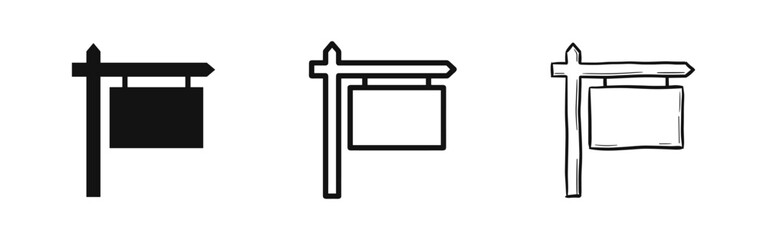 Blank signpost icon set for direction and information. Real estate for sale sign, announcement, and notice board vector illustration. Empty message banner on a post glyph, outline, and doodle icons. © drawing lines