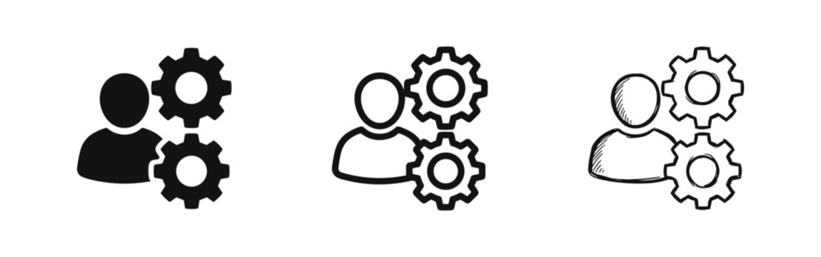 User settings and management icon set. Profile customization and system configuration vector illustration. Personal account and process optimization glyph, outline, and doodle icons.