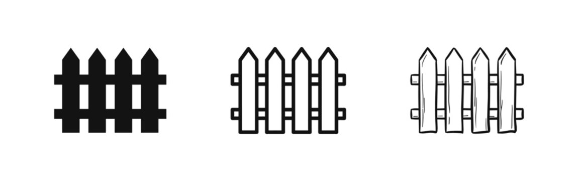 Picket fence icon set for garden and property borders. Decorative wooden fence and security barrier vector illustration. Rustic boundary enclosure glyph, outline, and doodle icons.