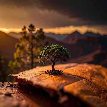Small tree on rocky mountain landscape.