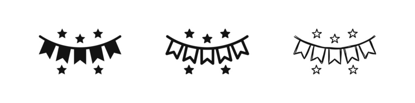 Bunting garland icon set with party flags and stars in solid, outline, and hand-drawn sketch styles