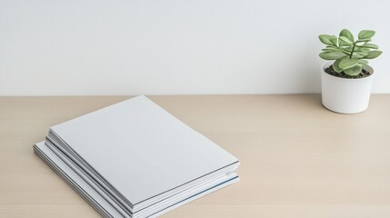 Fototapeta premium Stacked blank white magazines on a light wooden desk, offering a clean space for design, branding, or publication mockups