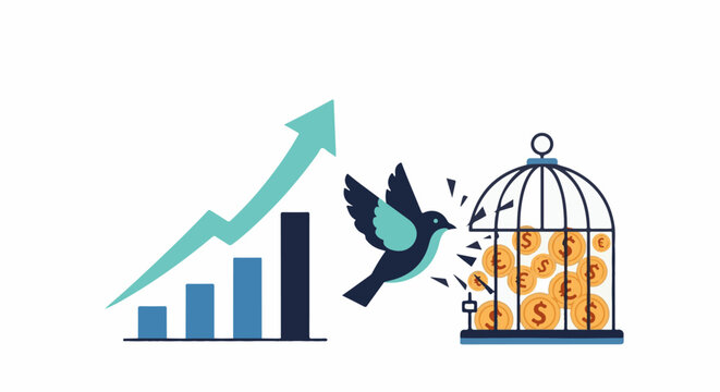 Graphic illustration of a bird flying away from a cage filled with coins next to a growing bar graph and upward arrow