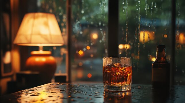 Whiskey glass with ice on a wet table, cozy interior with lamp and rainy window view