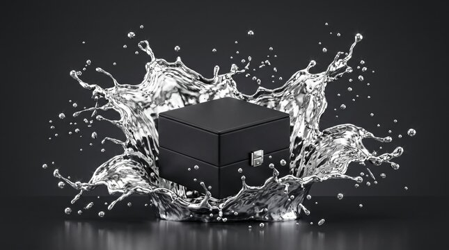 Luxury matte black jewelry box centered in a spectacular liquid silver chrome splash with flying droplets on dark studio background generative ai
